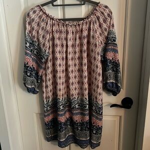 Pretty knee length off the shoulder dress - size large - pink, blue and white